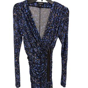 BEBE Women's Chic Wrap Dress, XS, Blue Mosaic, Zip Closure, Jersey Stretch, EUC
